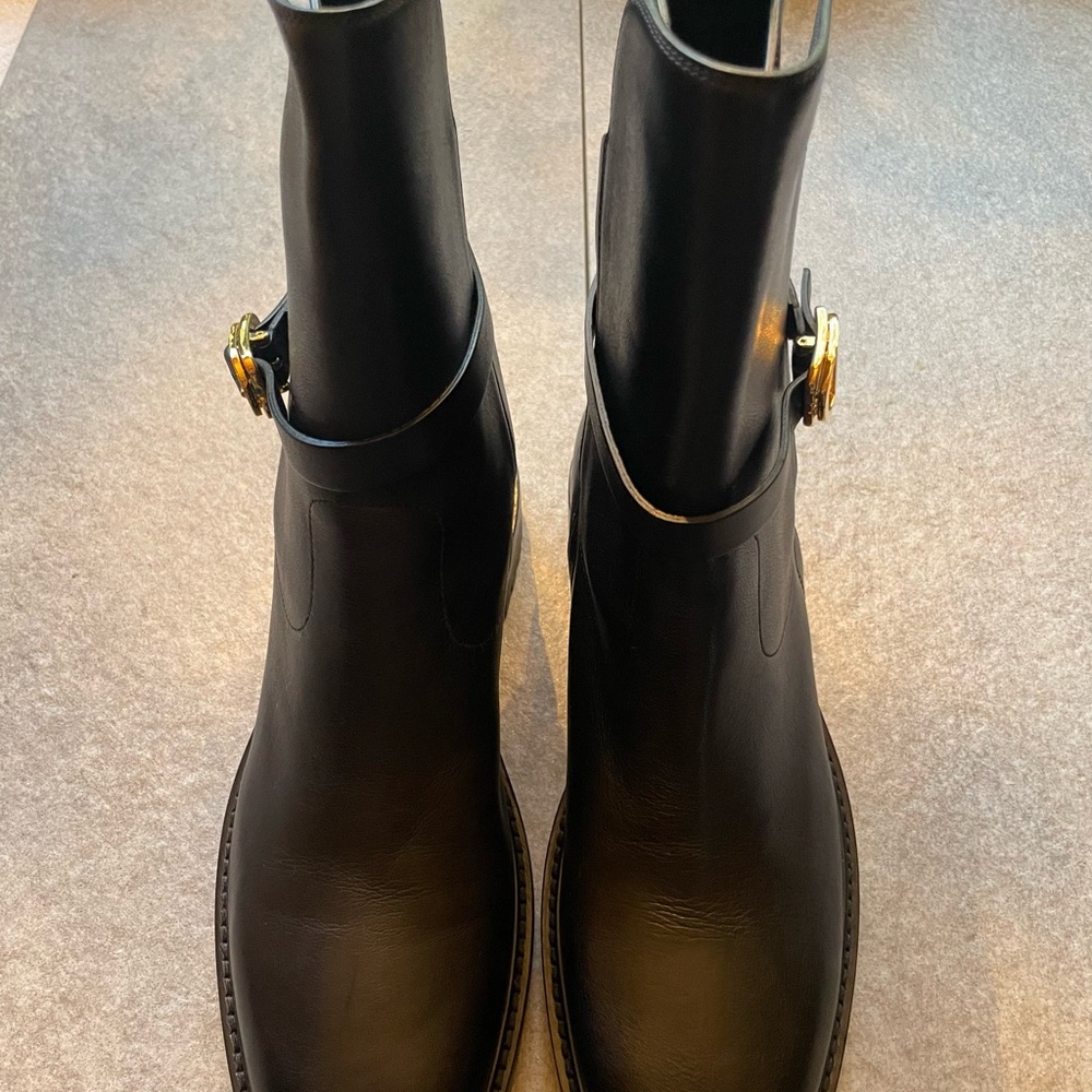 Brand New Christian Dior Black Ankle Boots with Gold Buckle